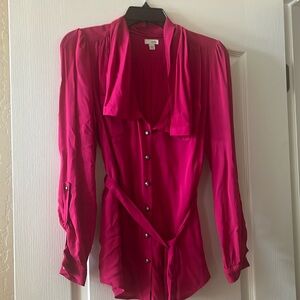 Anthropology Fuscia Button Down Blouse with Tie